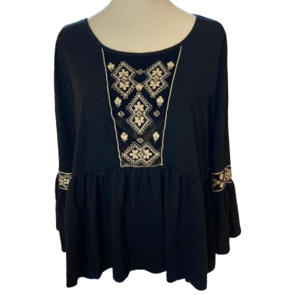 NWOT New Directions Black Embellished 3/4 Sleeve Knit Shirt Peasant Beaded  PXL